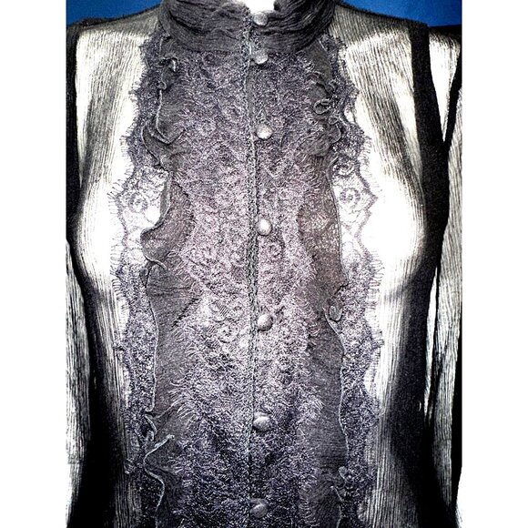 Vintage All Silk Blouse by Chicos Size 1 Black Sheer Lace Chic Romantic City Top - Picture 8 of 14